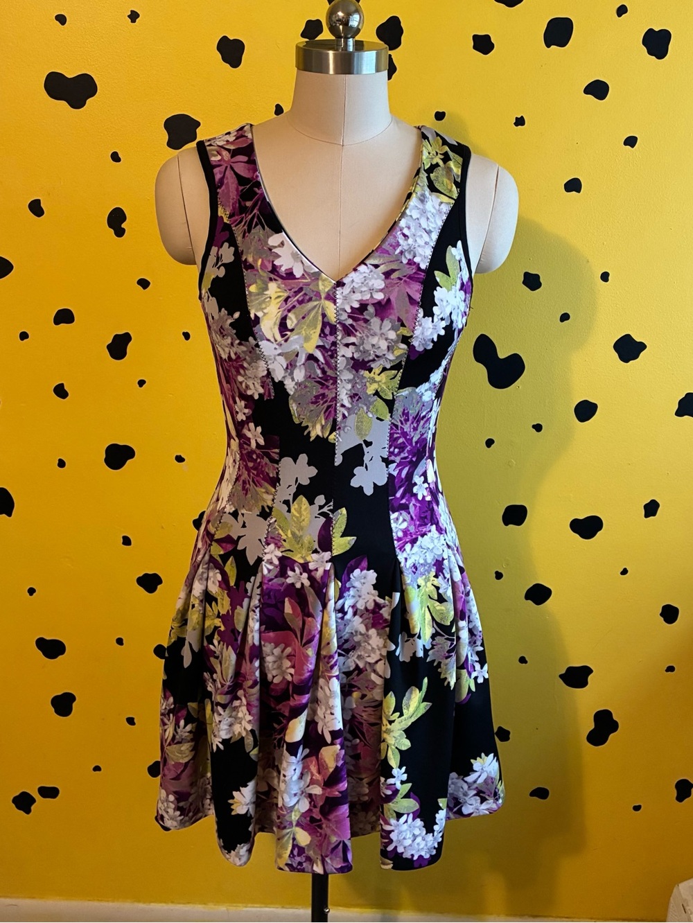 Floral V-Neck Fit & Flare Dress in Black and Purple